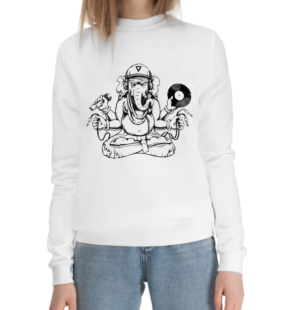 Женский хлопковый свитшот с притом Диджей ганеш цвета Белый Женский хлопковый свитшот с изображением Диджей ганеш цвета Белый