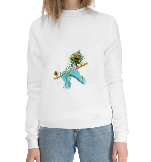 Женский хлопковый свитшот с изображением Флейта Кришны цвета Белый