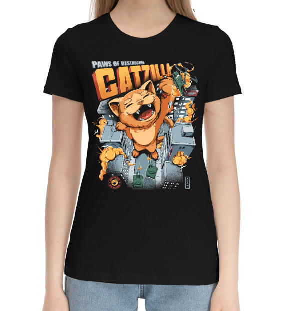 Женская хлопковая футболка с изображением Catzilla King Of Monster цвета Черный