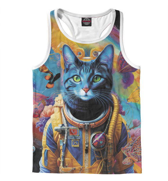Мужская майка-борцовка с изображением Котик бравый космонавт цвета Белый
