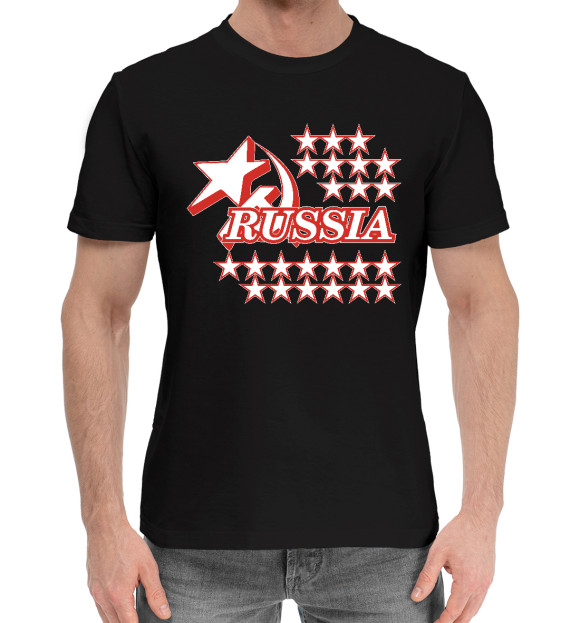 Мужская хлопковая футболка с изображением Russia (звёзды) цвета Черный