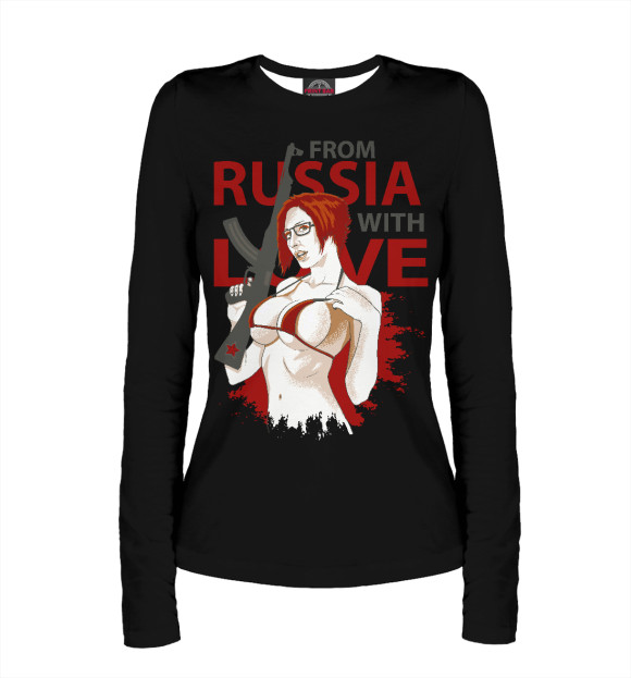 Женский лонгслив с притом Привет из России! цвета Белый Женский лонгслив с изображением Привет из России! цвета Белый