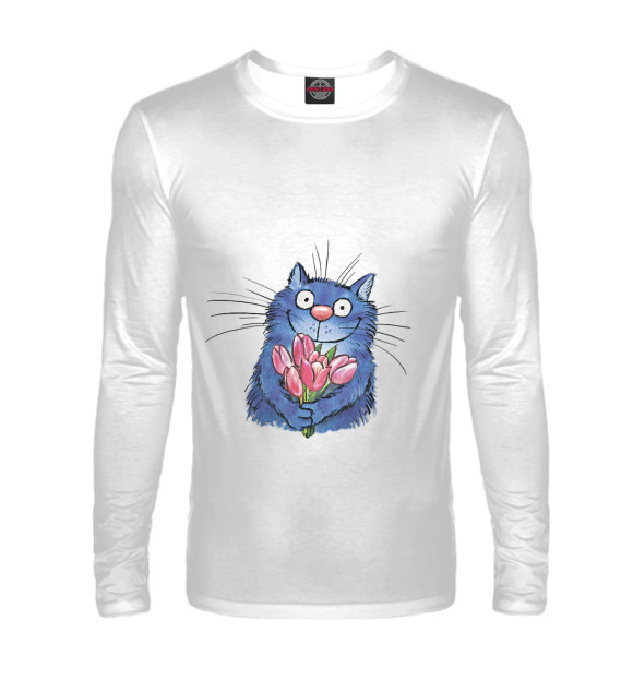 Мужской лонгслив с изображением Кот с цветами цвета Белый