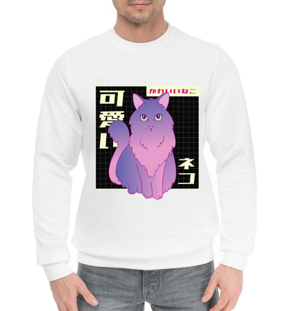 Мужской хлопковый свитшот с изображением Vaporwave Cat цвета Белый