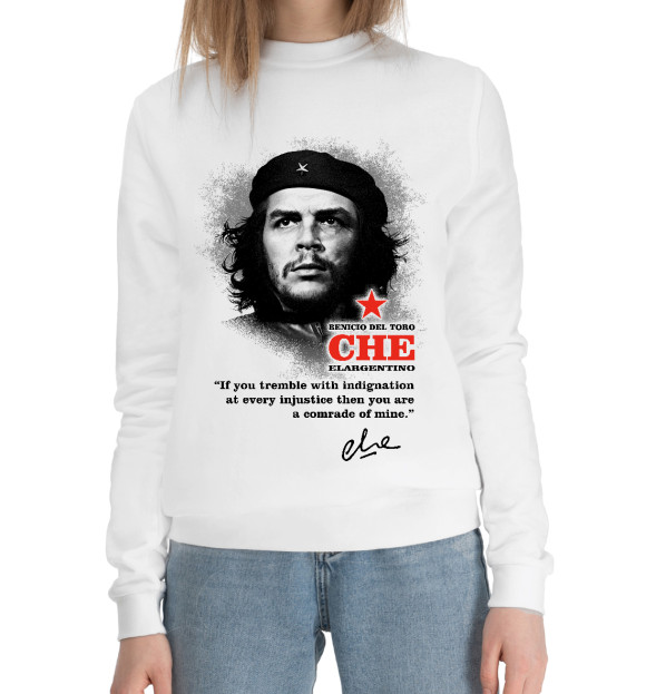 Женский хлопковый свитшот с изображением Che (белый фон) цвета Белый