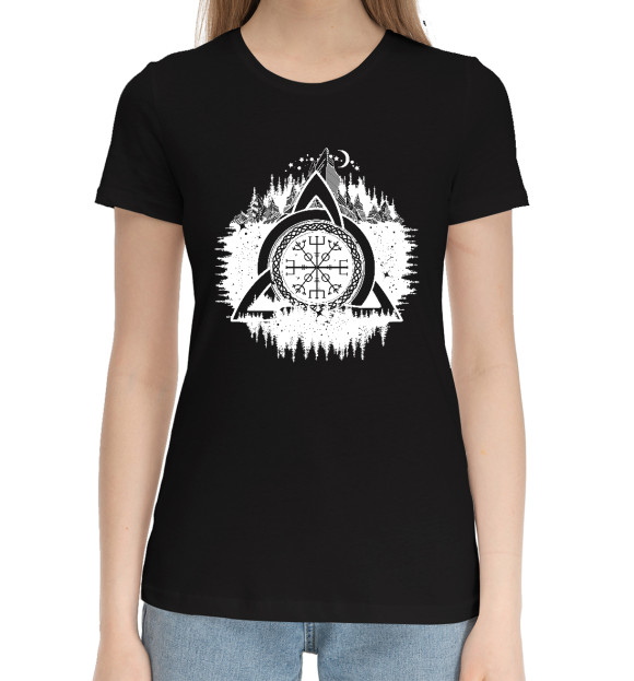 Женская хлопковая футболка с изображением Вегвизир Рунический Компас цвета Черный
