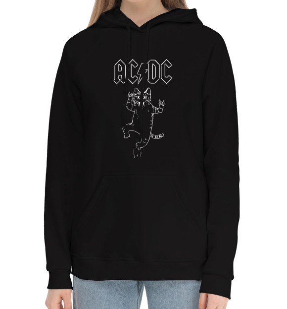 Женский хлопковый худи с изображением AC/DC/котик цвета Черный