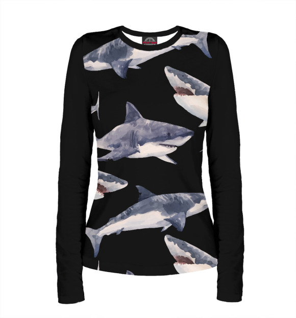 Женский лонгслив с притом Акула цвета Белый Женский лонгслив с изображением Акула цвета Белый