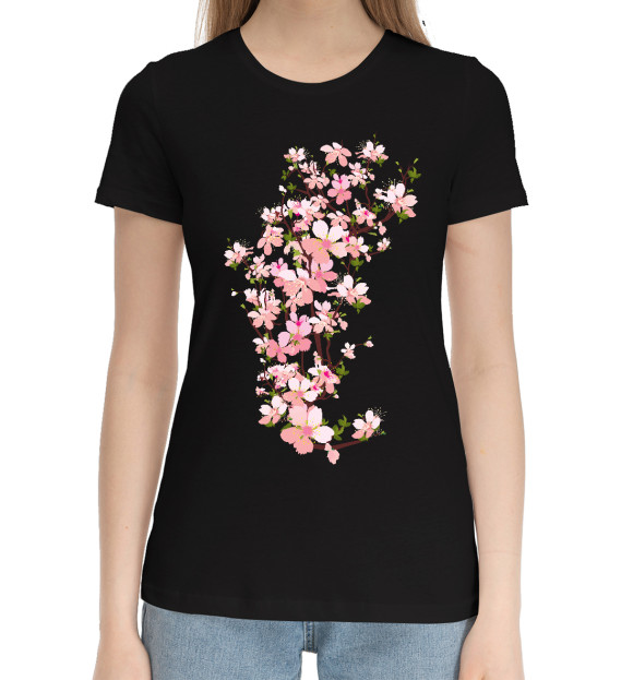 Женская хлопковая футболка с изображением Ветка сакуры цвета Черный