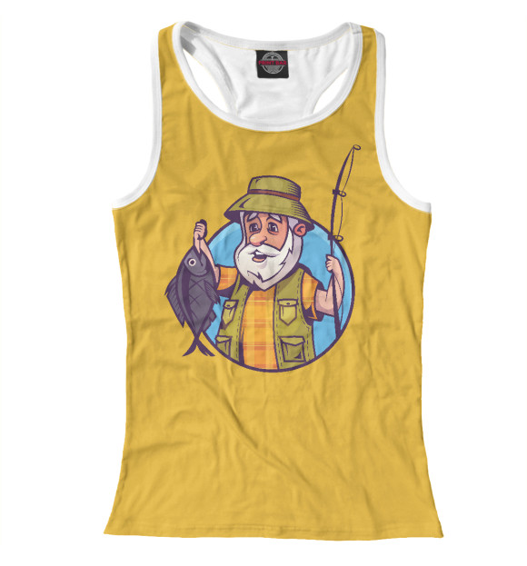 Женская майка-борцовка с изображением Рыбак держит пойманную рыбу цвета Белый