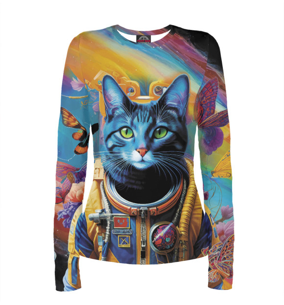 Женский лонгслив с изображением Котик бравый космонавт цвета Белый