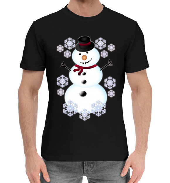 Мужская хлопковая футболка с изображением Снеговик цвета Черный