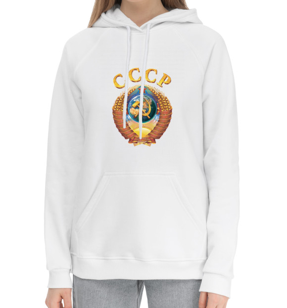 Женский хлопковый худи с изображением Герб СССР цвета Белый