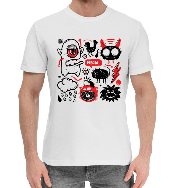 Мужская хлопковая футболка с притом Монстрики цвета Белый Мужская хлопковая футболка с изображением Монстрики цвета Белый