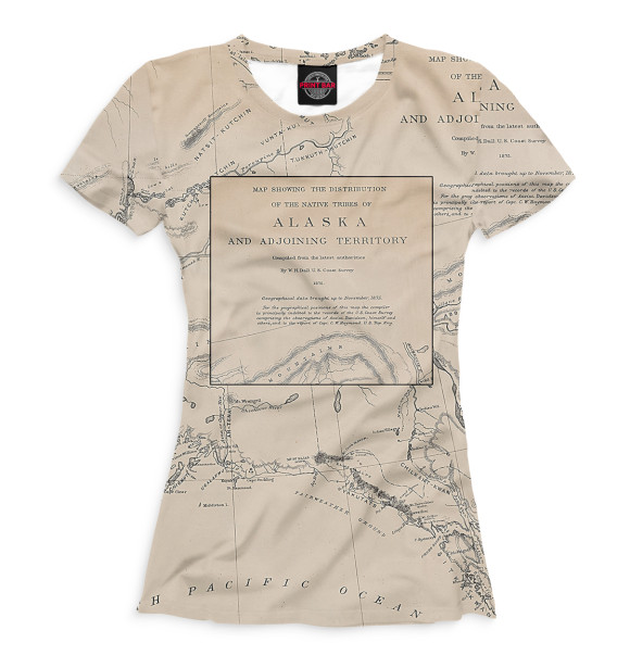 Женская футболка с изображением Старинная карта Аляски цвета Белый