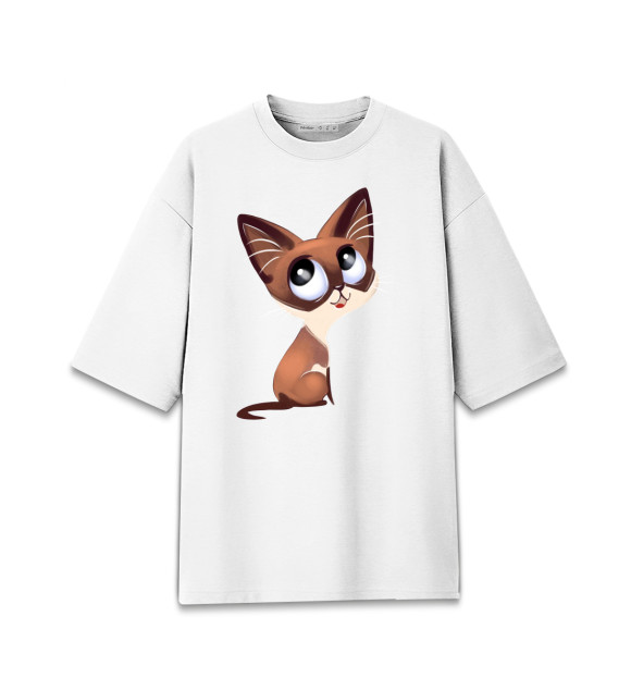 Мужская футболка оверсайз с притом Котик цвета Белый Мужская футболка оверсайз с изображением Котик цвета Белый