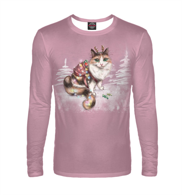 Мужской лонгслив с изображением Новогодняя кошечка цвета Белый