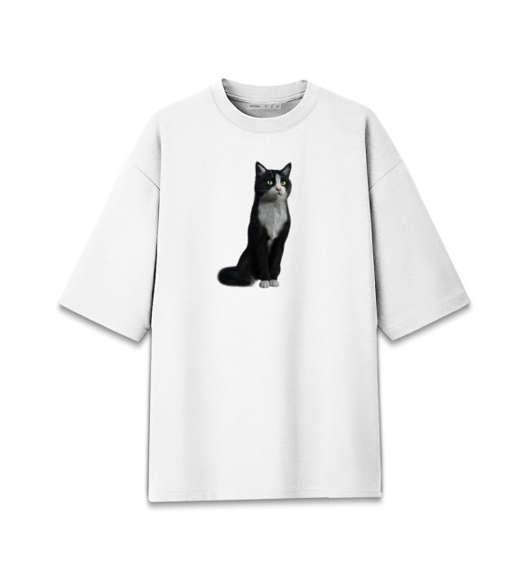 Женская футболка оверсайз с изображением Кот с манишкой цвета Белый