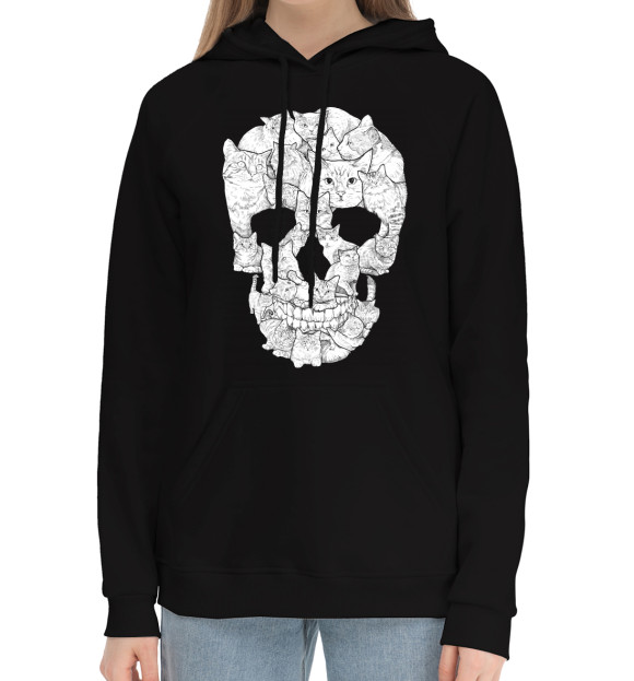 Женский хлопковый худи с притом Коточереп цвета Черный Женский хлопковый худи с изображением Коточереп цвета Черный