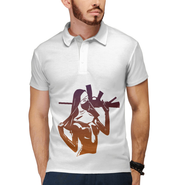 Мужское поло с изображением Монашка с автоматом цвета Белый