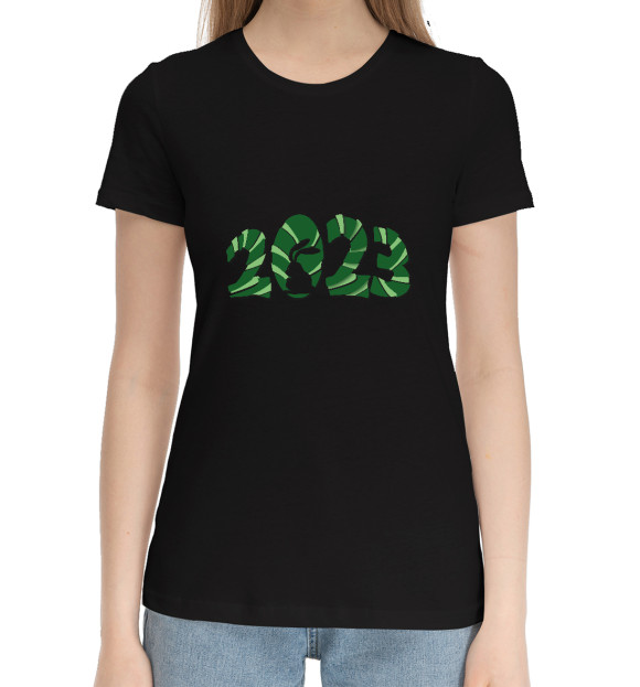 Женская хлопковая футболка с изображением 2023 с кроликом цвета Черный