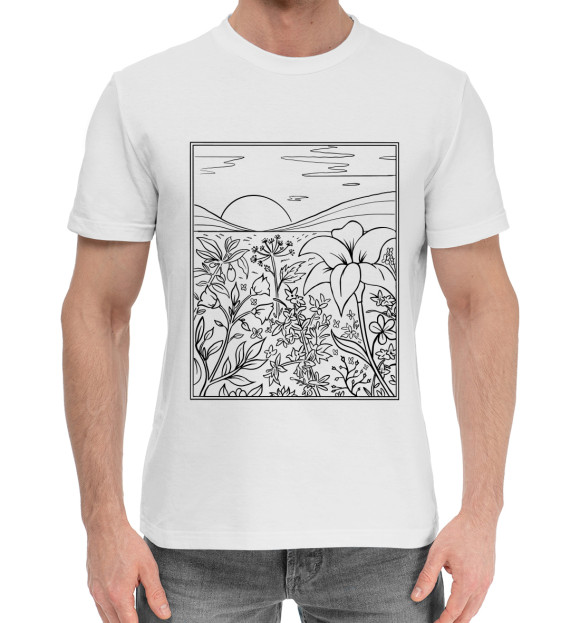 Мужская хлопковая футболка с изображением Пейзаж в стиле Line Art цвета Белый