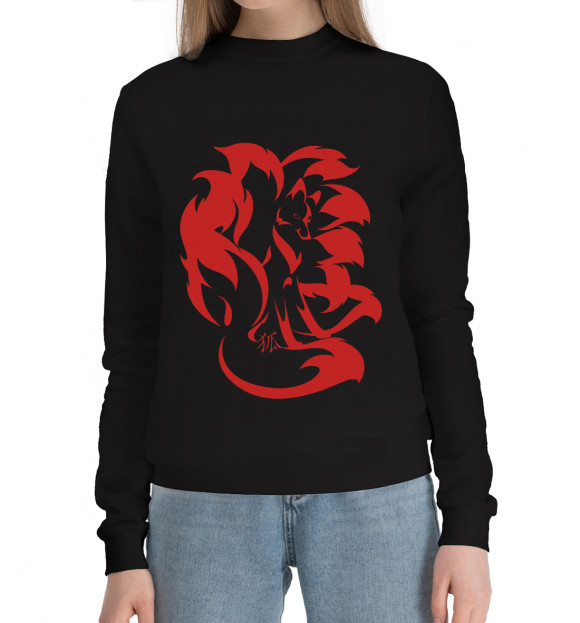 Женский хлопковый свитшот с изображением Девятихвостая лиса цвета Черный