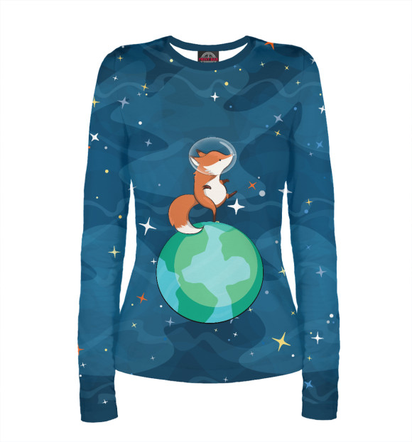 Женский лонгслив с притом Лис в космосе цвета Белый Женский лонгслив с изображением Лис в космосе цвета Белый