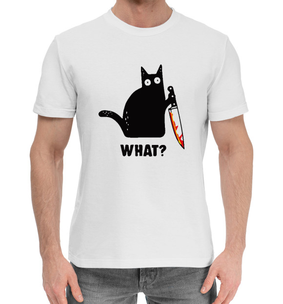 Мужская хлопковая футболка с изображением Кот с ножом цвета Белый
