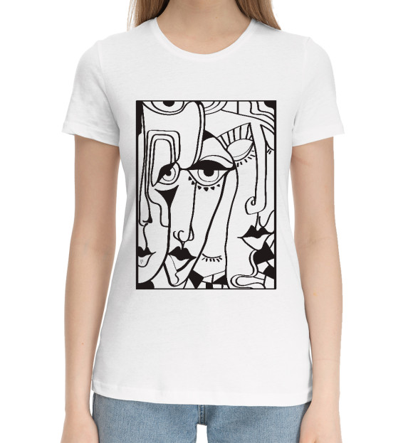 Женская хлопковая футболка с изображением Abstract faces цвета Белый