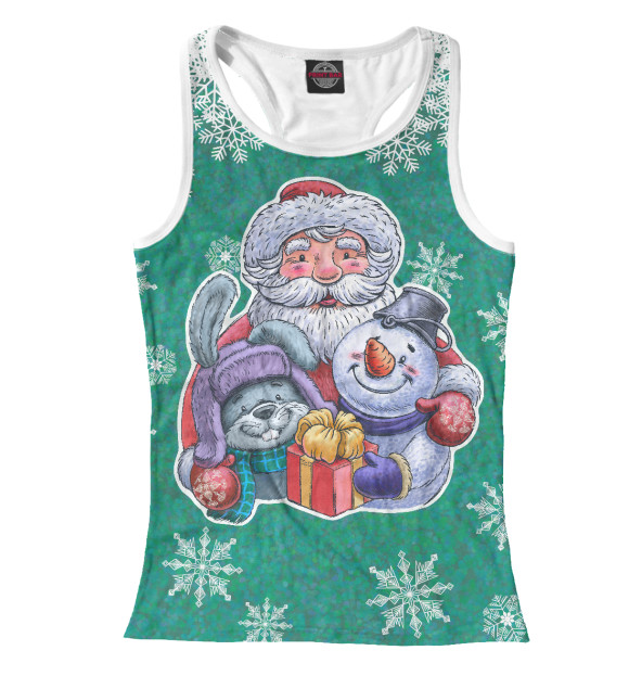 Женская майка-борцовка с изображением Дед Мороз со снеговиком и зайцем цвета Белый