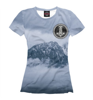 Женская футболка Молот Тора и скалы у моря в тумане