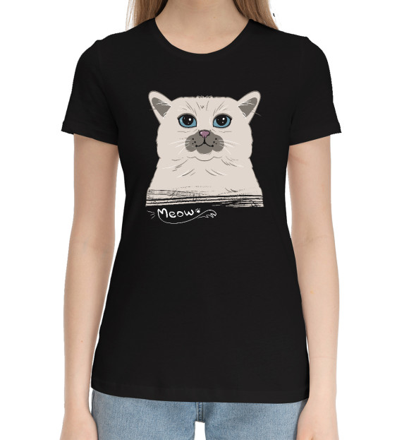 Женская хлопковая футболка с изображением Кот Meow цвета Черный