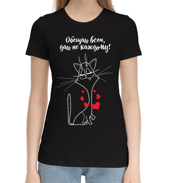 Женская хлопковая футболка с изображением Кокетливая киска с сердечками цвета Черный