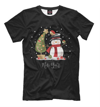 Мужская футболка Веселый снеговик с елкой