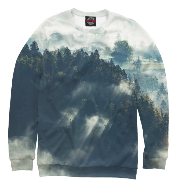 Мужской свитшот с изображением Туманный лес. Лучи солнца цвета Белый