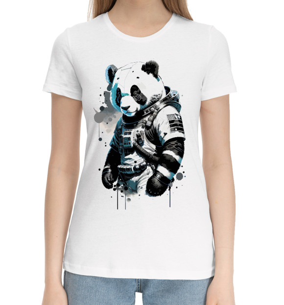 Женская хлопковая футболка с изображением Панда космонавт цвета Белый