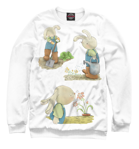 Мужской свитшот с изображением Кролики в саду цвета Белый