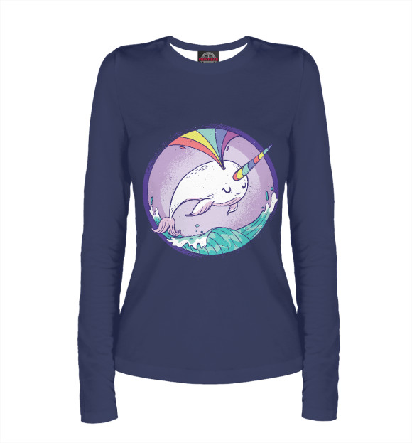 Женский лонгслив с притом Кит Единорог цвета Белый Женский лонгслив с изображением Кит Единорог цвета Белый