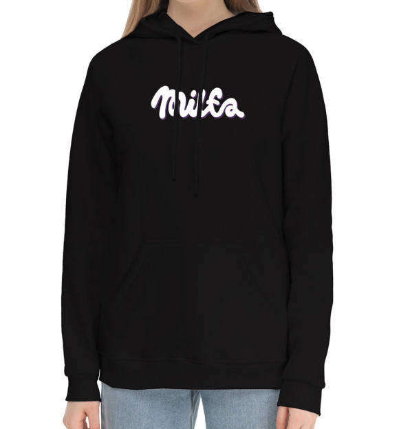 Женский хлопковый худи с изображением Milfa фиолетовый фон цвета Черный