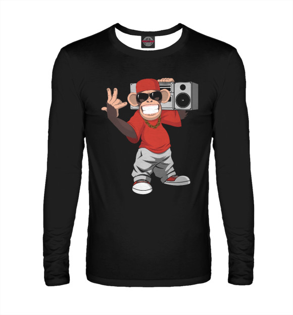 Мужской лонгслив с притом Горилла с магнитофном цвета Белый Мужской лонгслив с изображением Горилла с магнитофном цвета Белый