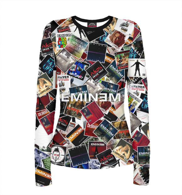 Женский лонгслив с притом Дискография EMINEM цвета Белый Женский лонгслив с изображением Дискография EMINEM цвета Белый