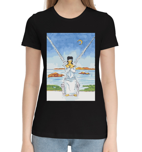 Женская хлопковая футболка с изображением Таро Уэйта - Двойка Мечей цвета Черный