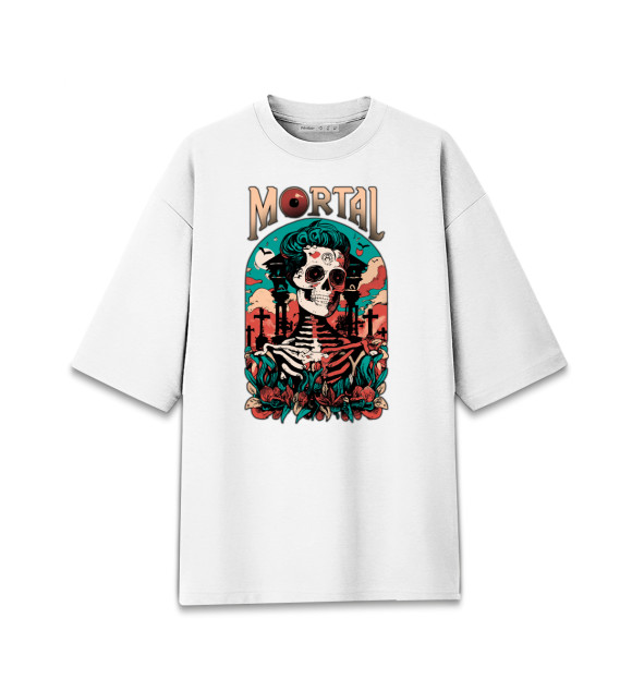 Женская футболка оверсайз с изображением Mortal скелетон цвета Белый