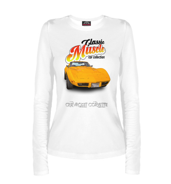 Женский лонгслив с изображением Маслкар Chevrolet Corvette на белом фоне цвета Белый