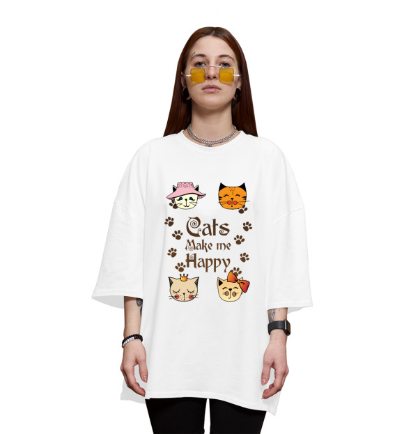 Женская футболка оверсайз с изображением Cats Make me Happy цвета Белый
