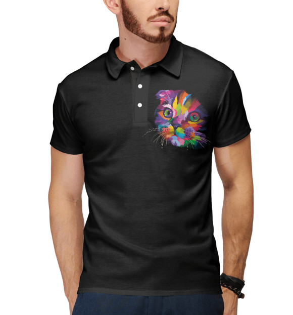 Мужское поло с изображением Радужный котенок цвета Белый