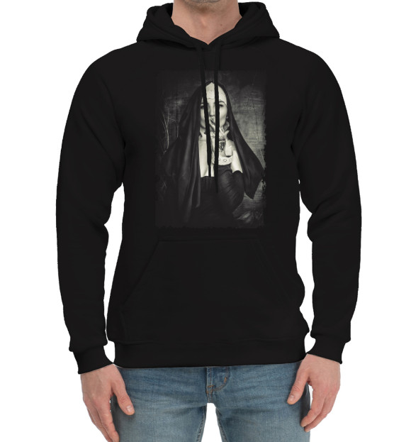 Мужской хлопковый худи с изображением Монашка с сигаретой цвета Черный