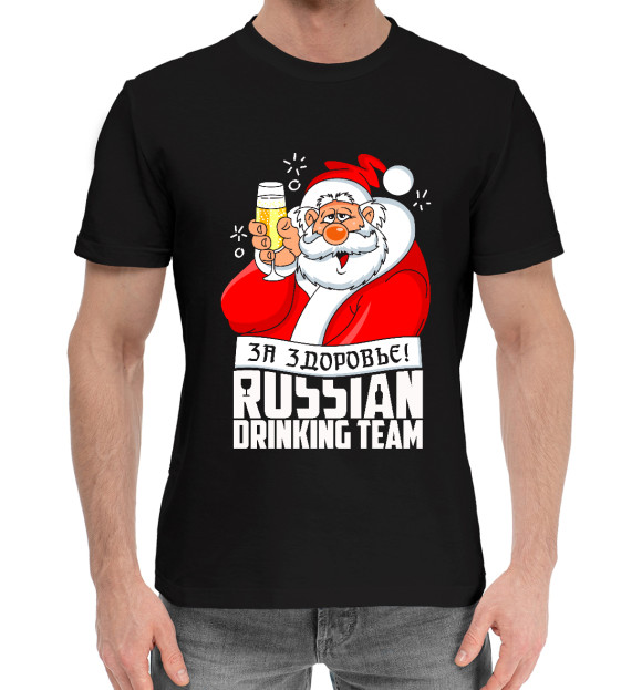 Мужская хлопковая футболка с изображением Прикольный Дед Мороз (4.2) цвета Черный