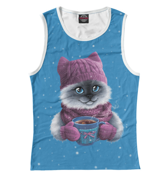 Майка для девочки с изображением Кошка в шапке цвета Белый